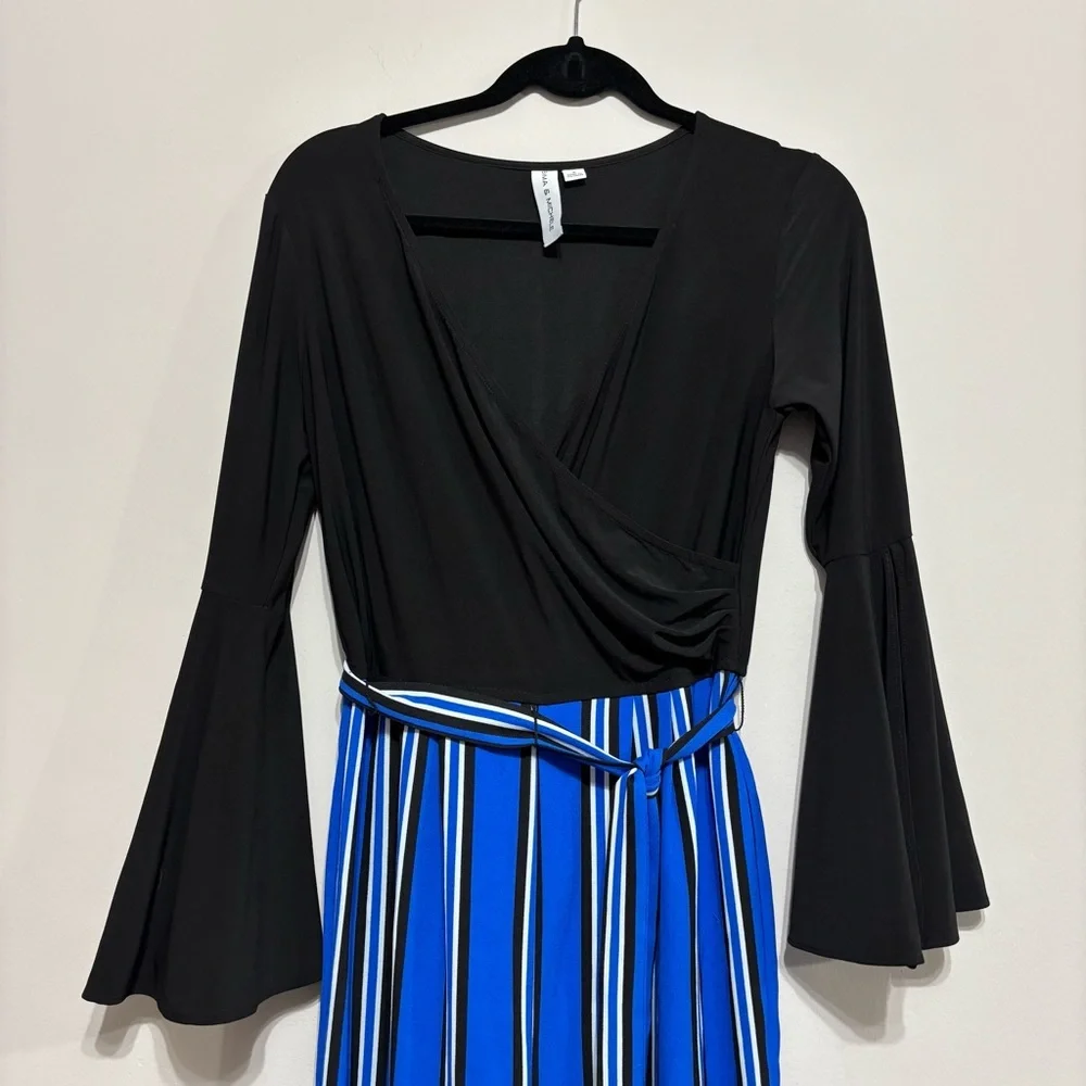 Chic Black Top with Blue Striped Pants Jumpsuit - Picture 2 of 3